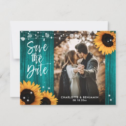 Rustic Sunflower Wood Teal Wedding Photo Save The Date