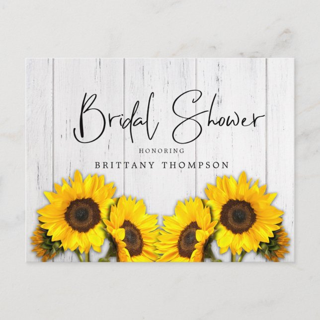 Rustic Sunflower Wood Texture Bridal Shower Invitation Postcard (Front)
