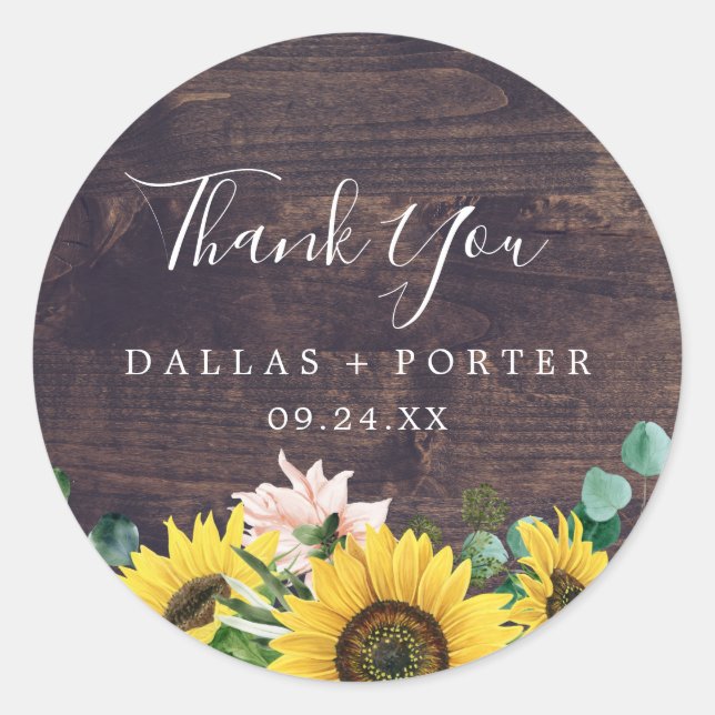 Rustic Sunflower | Wood Thank You Favor Sticker (Front)
