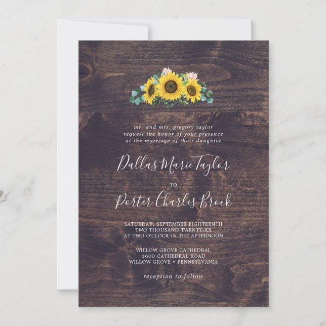 Rustic Sunflower | Wood Traditional Wedding Invitation (Front)