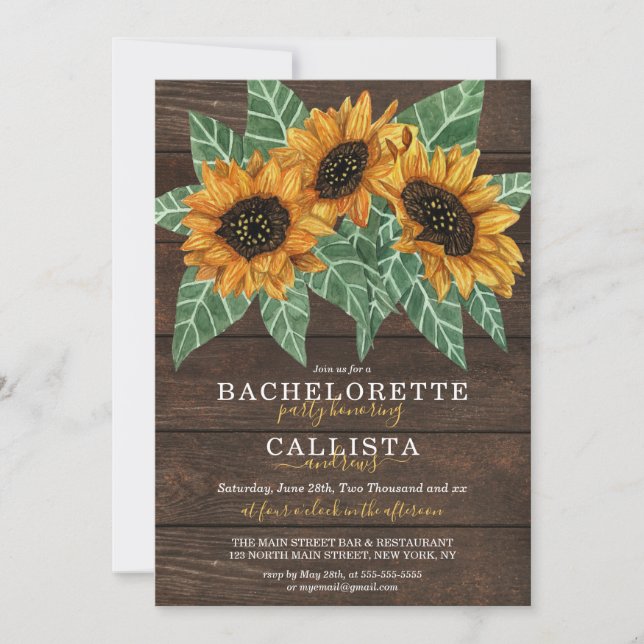 Rustic Sunflower Wood Watercolor Bachelorette Invitation (Front)