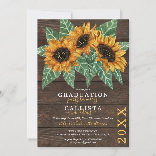 Rustic Sunflower Wood Watercolor Graduation Invitation