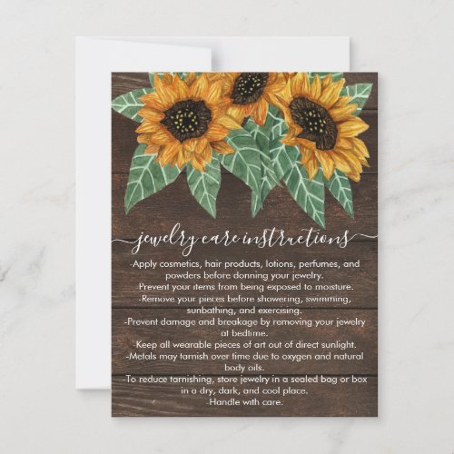 Rustic Sunflower Wood Watercolor Jewelry Care Card