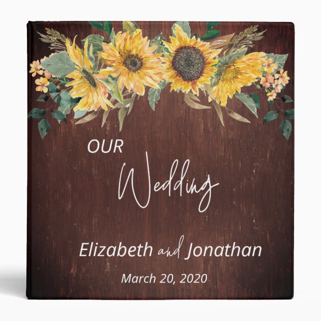 Rustic Sunflower Wood Wedding Country 3 Ring Binder (Front)