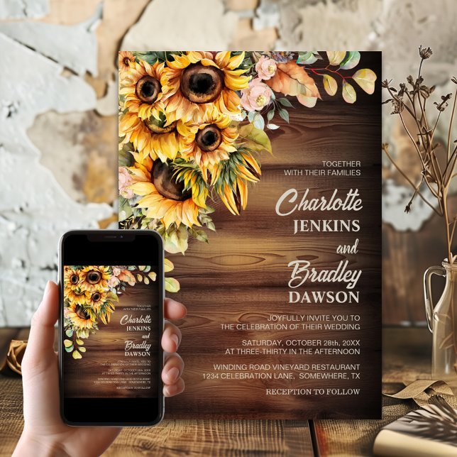 Rustic Sunflower Wood Wedding Invitation (Creator Uploaded)