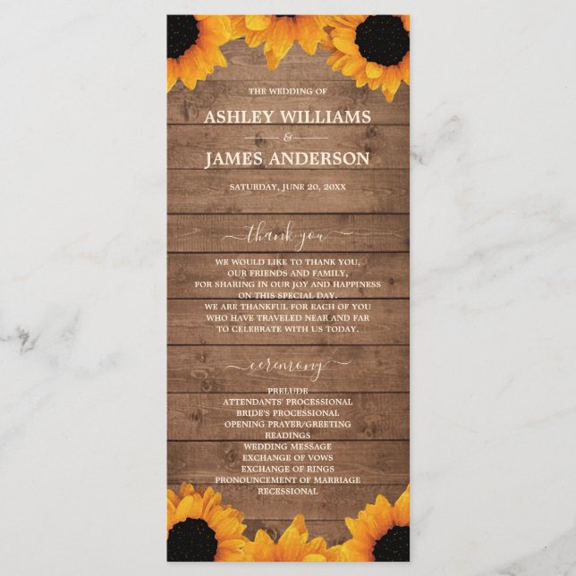 Rustic Sunflower Wood Wedding Program (Front)