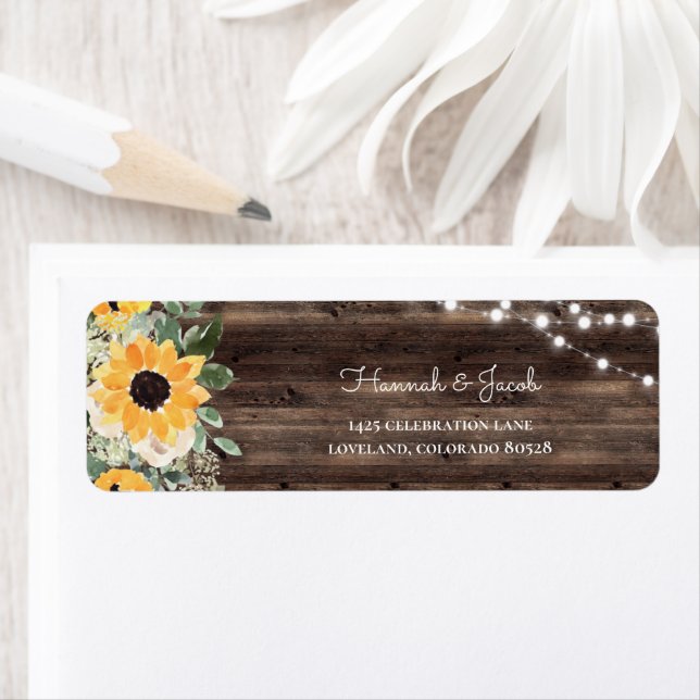 Rustic Sunflower Wood Wedding Return Address Label (Insitu)