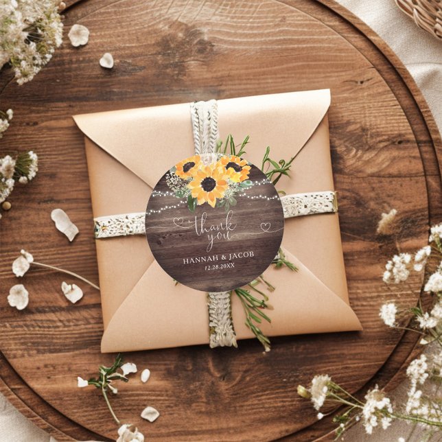 Rustic Sunflower Wood Wedding Thank You Favor Classic Round Sticker (Creator Uploaded)