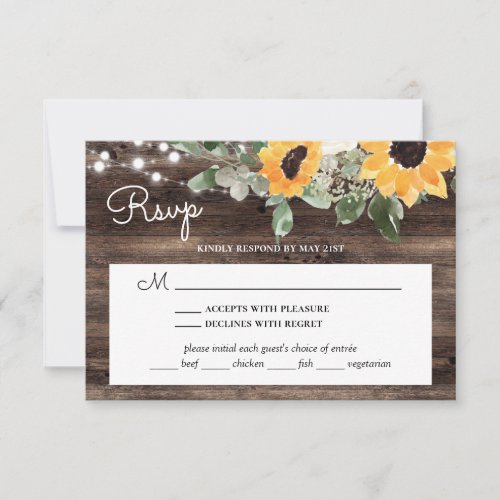 Rustic Sunflower Wood Wedding With Meal Choice RSVP Card