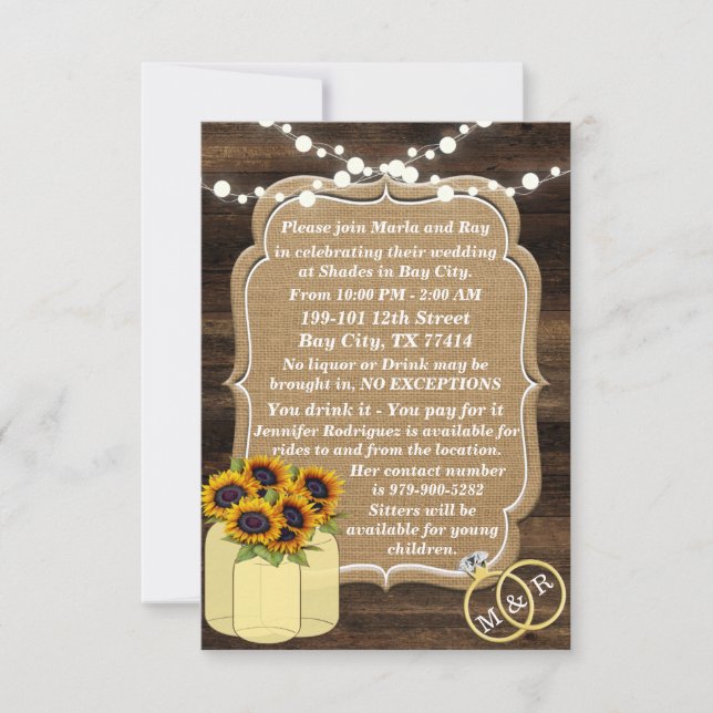 Rustic Sunflower Wooden Lights Wedding Insert Invitation (Front)