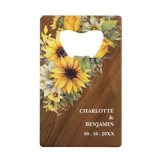 Rustic Sunflower  Wooden Wedding Favor Credit Card Bottle Opener (Front)
