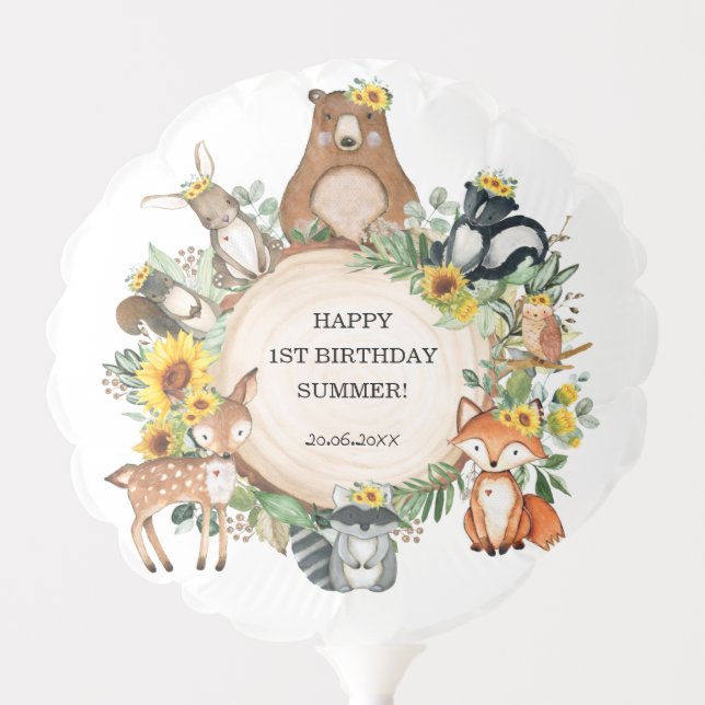 Rustic Sunflower Woodland Animals Baby Birthday Balloon (Front)
