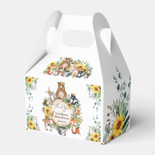 Rustic Sunflower Woodland Animals Baby Birthday Favor Boxes (Front Side)