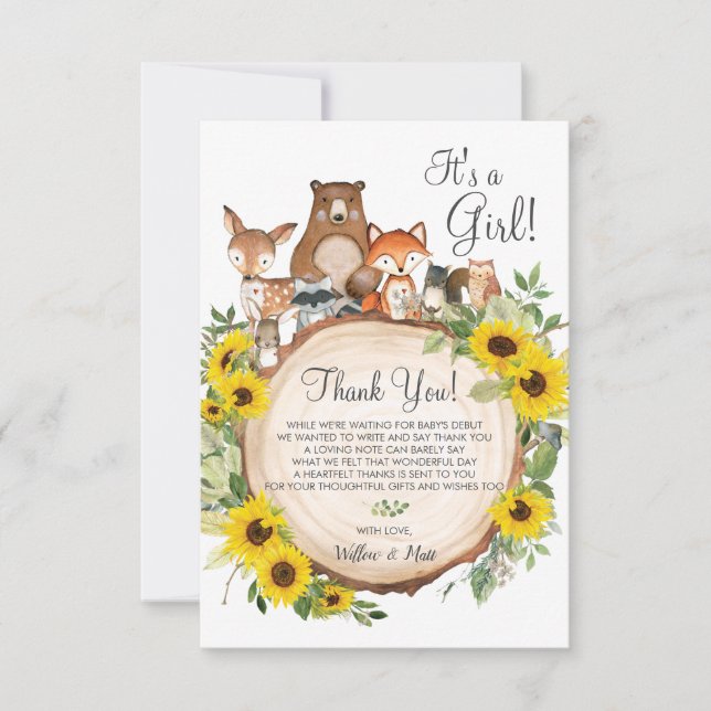 Rustic Sunflower Woodland Animals Baby Shower  Thank You Card (Front)