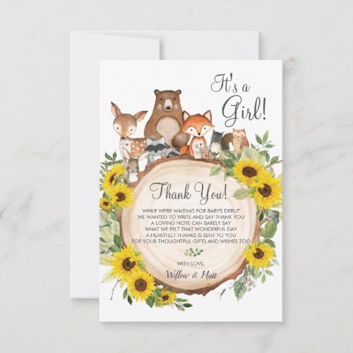 Rustic Sunflower Woodland Animals Baby Shower  Thank You Card