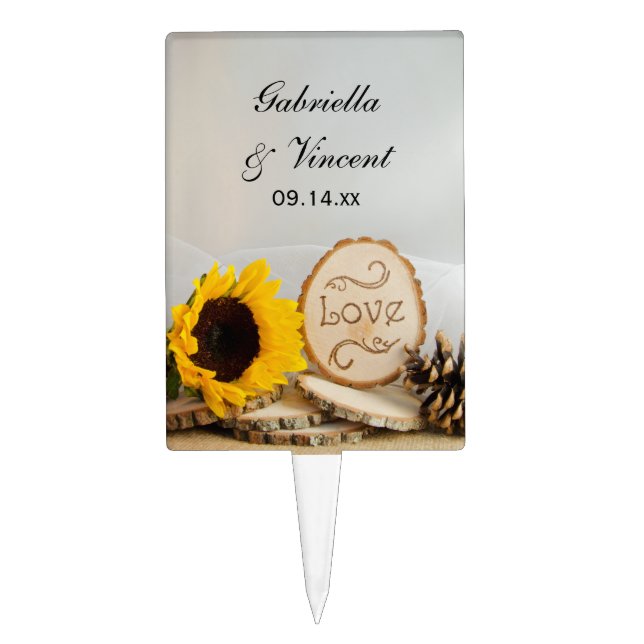 Rustic Sunflower Woodland Wedding Cake Topper (Front)