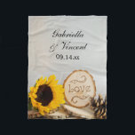 Rustic Sunflower Woodland Wedding Fleece Blanket<br><div class="desc">Customize the charming Rustic Sunflower Woodland Wedding Fleece Blanket with the names of the bride and groom and marriage ceremony date to create a cozy keepsake gift. This soft and snuggly nature themed nuptial blanket features a charming floral photograph of a yellow sunflower blossom, natural wood slice with the word...</div>