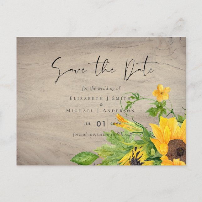 Rustic Sunflower Woodland Wedding Save the Date Postcard (Front)