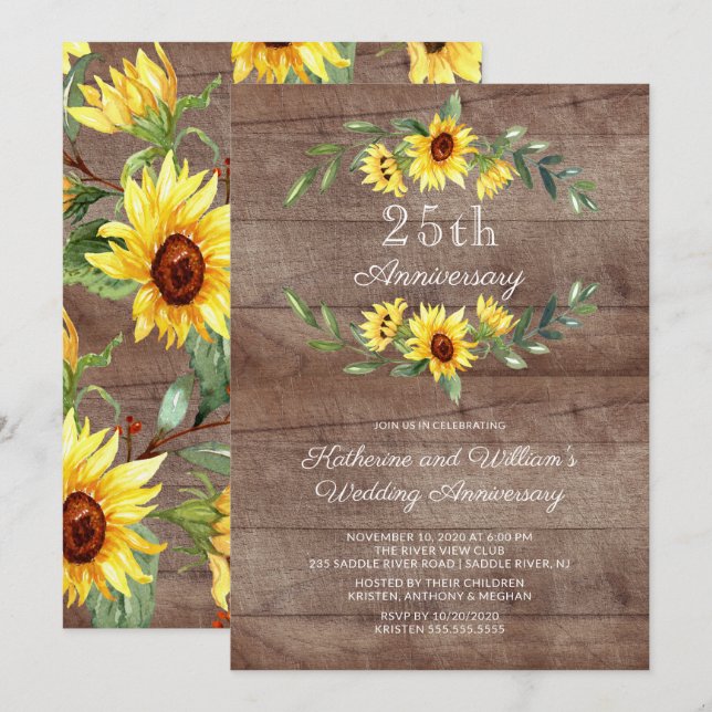 Rustic Sunflower Wreath 25th Anniversary Party Invitation (Front/Back)