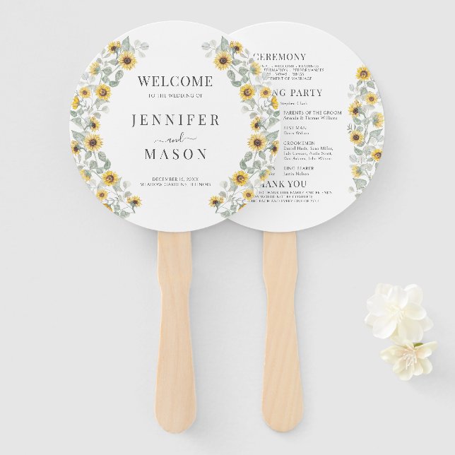 Rustic Sunflower Wreath Fall Wedding Program Hand Fan (Front and Back)