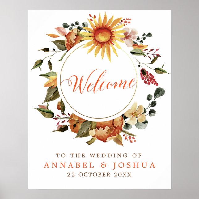 Rustic Sunflower Wreath Fall Wedding Welcome Poster (Front)