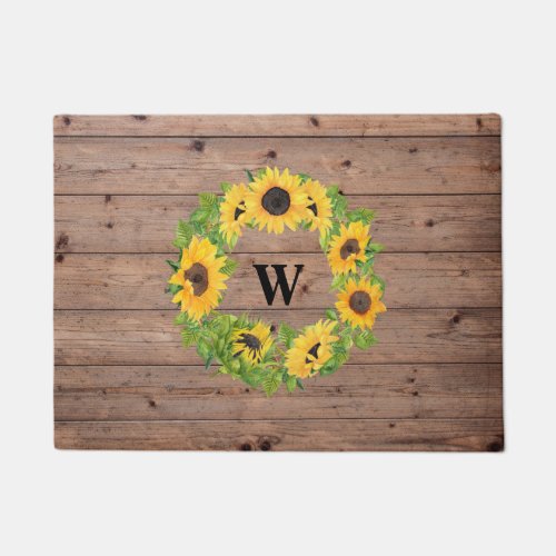 Rustic Sunflower Wreath  Wood Monogrammed Doormat