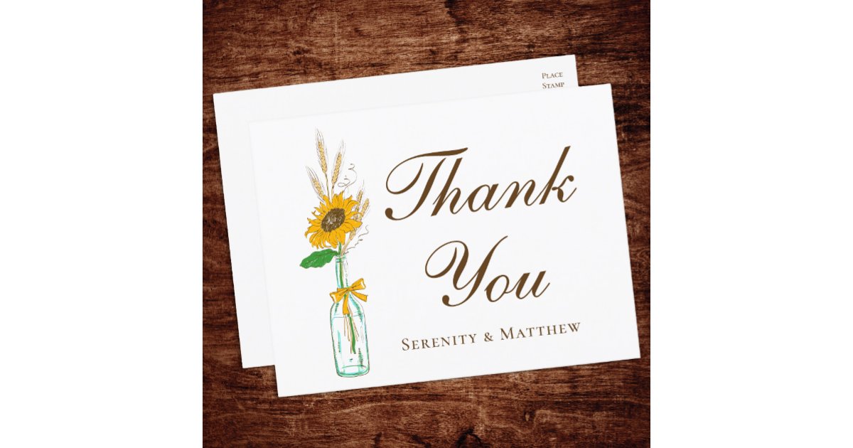 Rustic Sunflower Yellow Floral Wedding Thank You Postcard | Zazzle