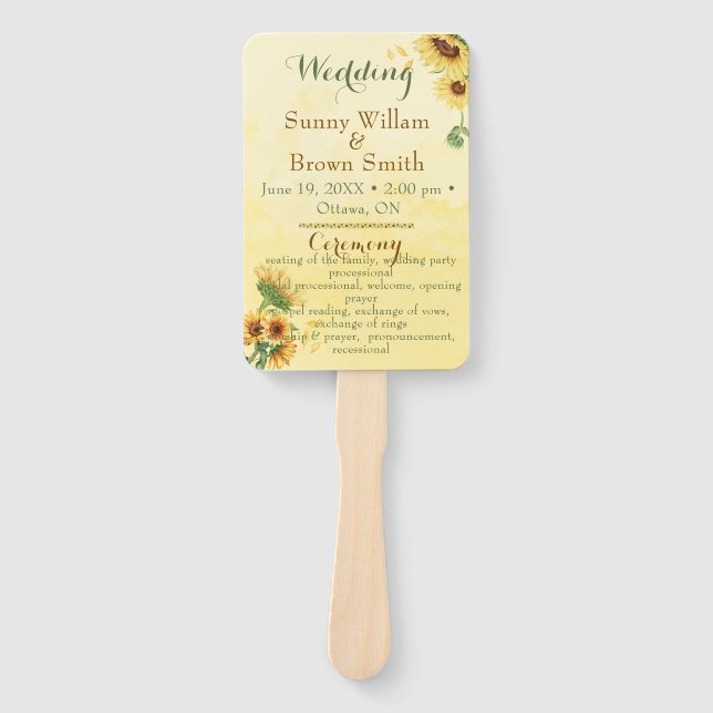Rustic Sunflower Yellow Watercolor Wedding Program Hand Fan (Front)