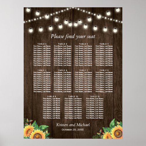 Rustic Sunflowers 11 Tables Wedding Seating Chart