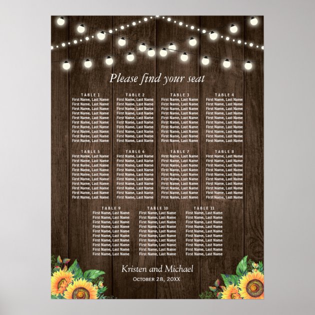Rustic Sunflowers 11 Tables Wedding Seating Chart