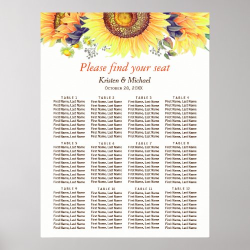 Rustic Sunflowers 12 Tables Wedding Seating Chart