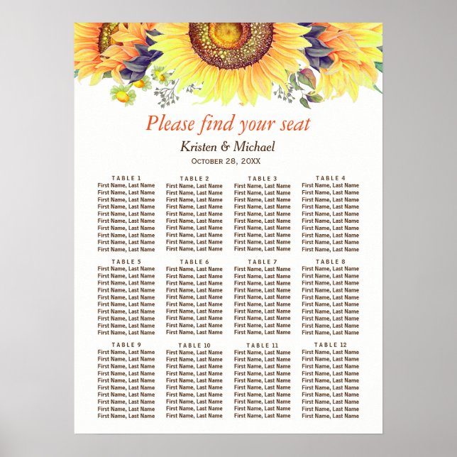 Rustic Sunflowers 12 Tables Wedding Seating Chart (Front)
