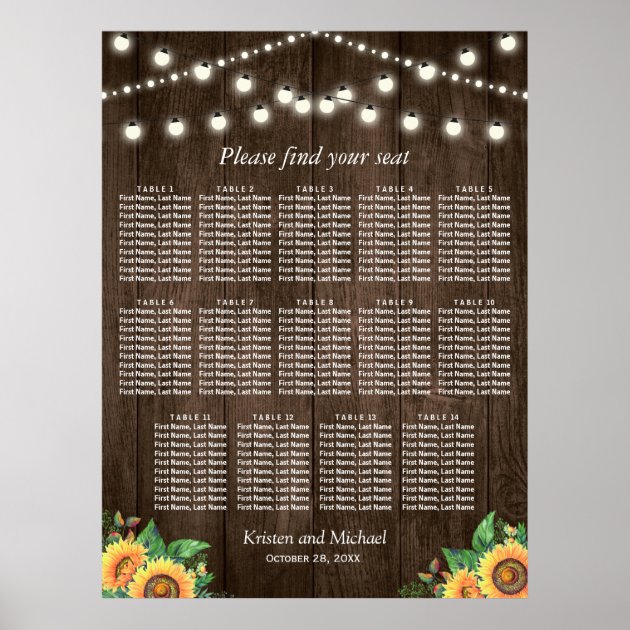 Rustic Sunflowers 14 Tables Wedding Seating Chart