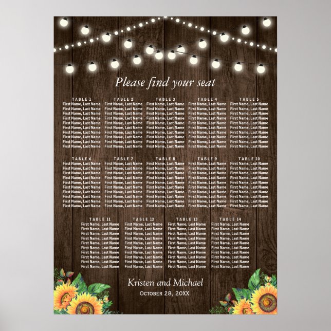 Rustic Sunflowers 14 Tables Wedding Seating Chart (Front)