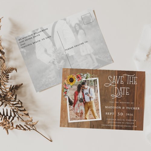 Rustic Sunflowers 2 Photo Wood  Save the Date    Postcard