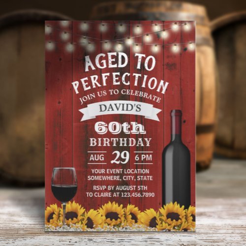 Rustic Sunflowers 60th Birthday Wine Party Invitation