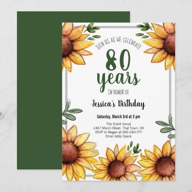 Rustic Sunflowers 80th Birthday Party Invitation (Front/Back)