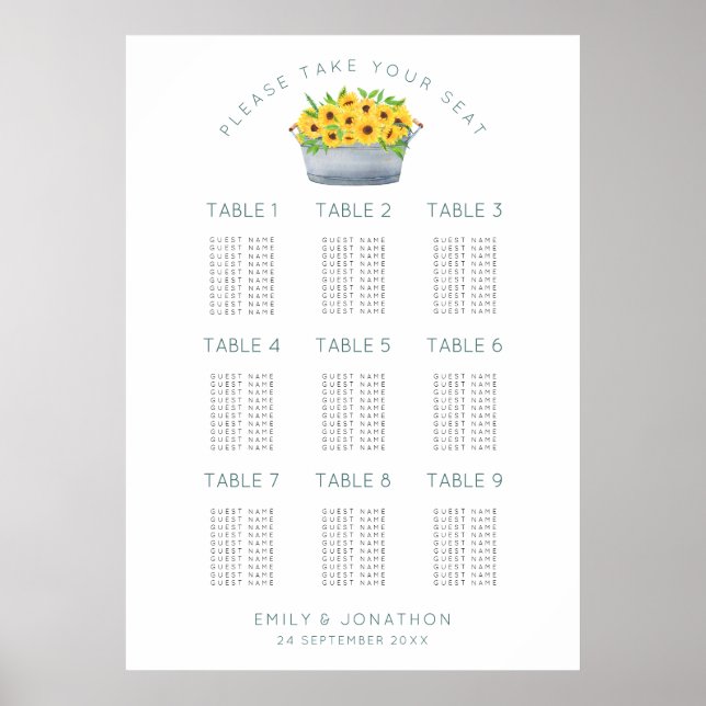Rustic Sunflowers 9 Tables 90 Guest Seating Chart (Front)