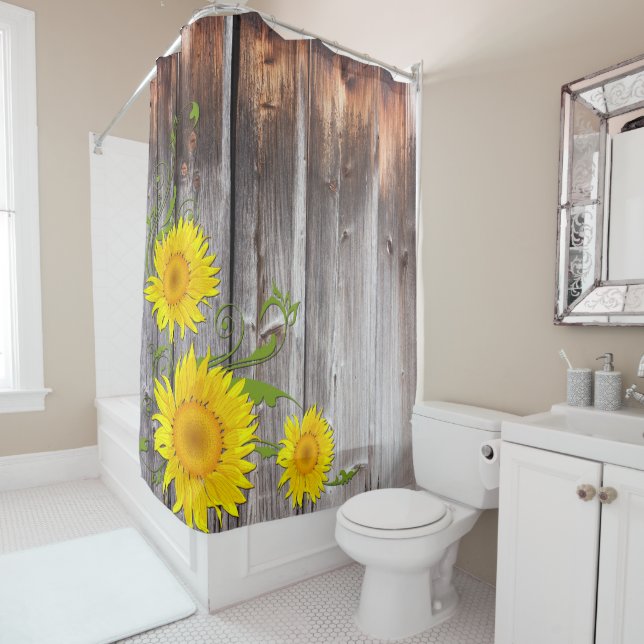 Rustic Sunflowers and Barnwood Shower Curtain (In Situ)