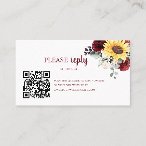 Rustic Sunflowers and Burgundy Roses RSVP QR Code Business Card