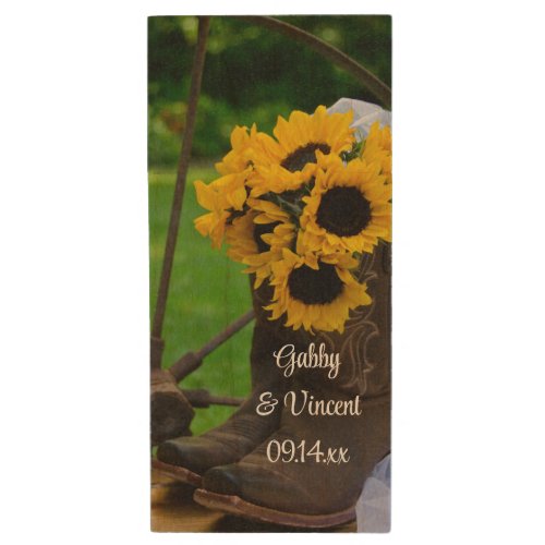 Rustic Sunflowers and Cowboy Boots Country Wedding Wood USB Flash Drive