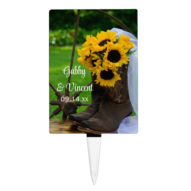 Rustic Sunflowers and Cowboy Boots Western Wedding Cake Topper (Front)