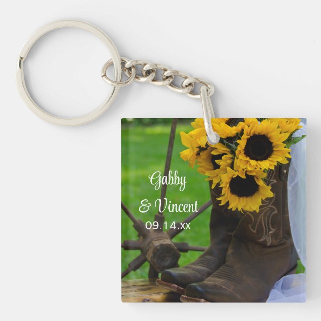 Rustic Sunflowers and Cowboy Boots Western Wedding Keychain (Front)