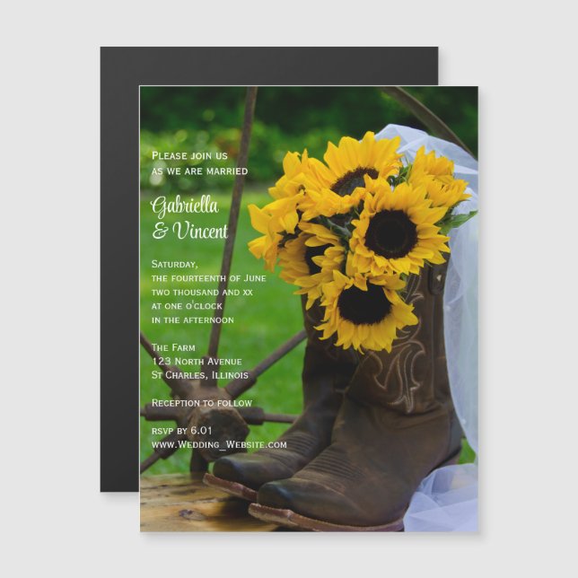 Rustic Sunflowers and Cowboy Boots Western Wedding Magnetic Invitation (Front/Back)