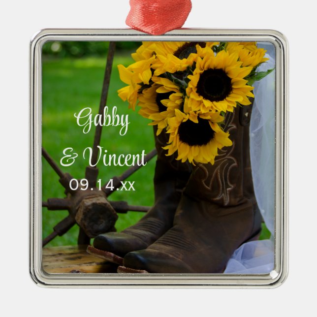 Rustic Sunflowers and Cowboy Boots Western Wedding Metal Ornament (Front)