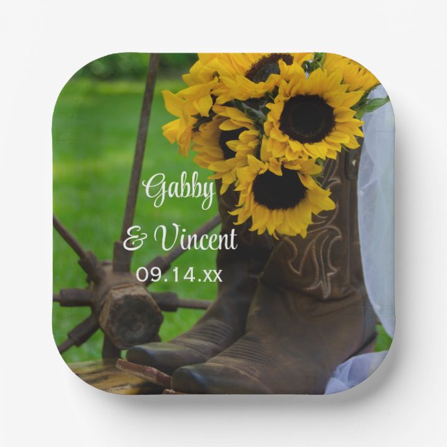 Rustic Sunflowers and Cowboy Boots Western Wedding Paper Plates (Front)