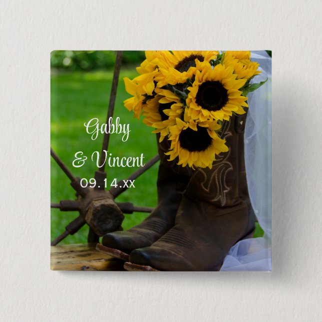 Rustic Sunflowers and Cowboy Boots Western Wedding Pinback Button (Front)
