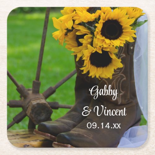Rustic Sunflowers and Cowboy Boots Western Wedding Square Paper Coaster