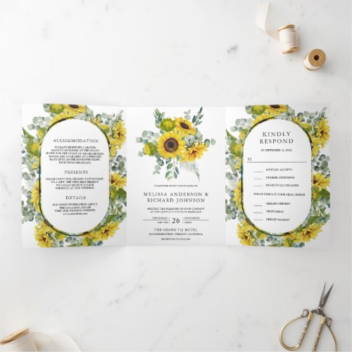 Rustic Sunflowers and Eucalyptus 3 in 1 Wedding Tri_Fold Invitation