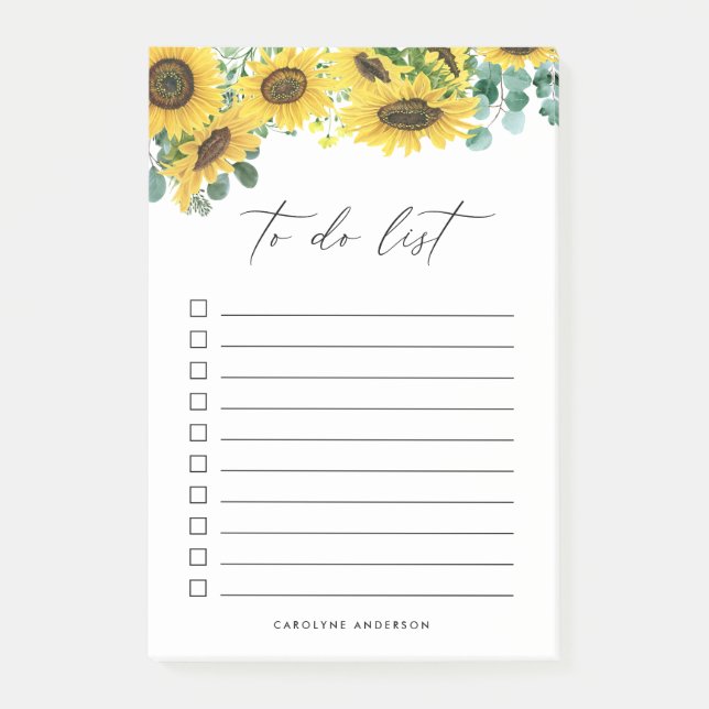 Rustic Sunflowers and Eucalyptus Personalized Post-it Notes (Front)